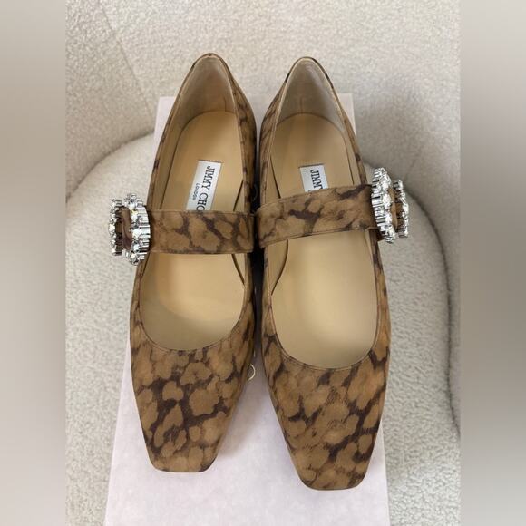 Jimmy Choo Cheri Brown Patterned Flats with Crystal Buckle 38 - Picture 2 of 5